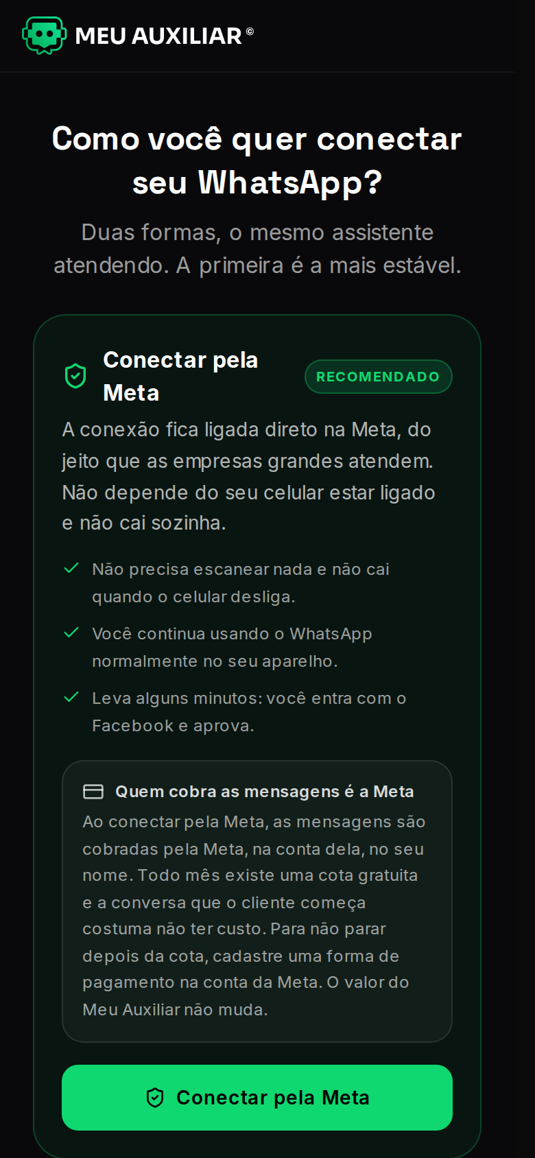 Tela de escolha entre conectar pela Meta e conectar por QR Code