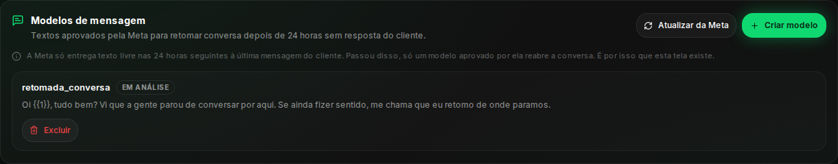 Bloco Modelos de mensagem no painel
